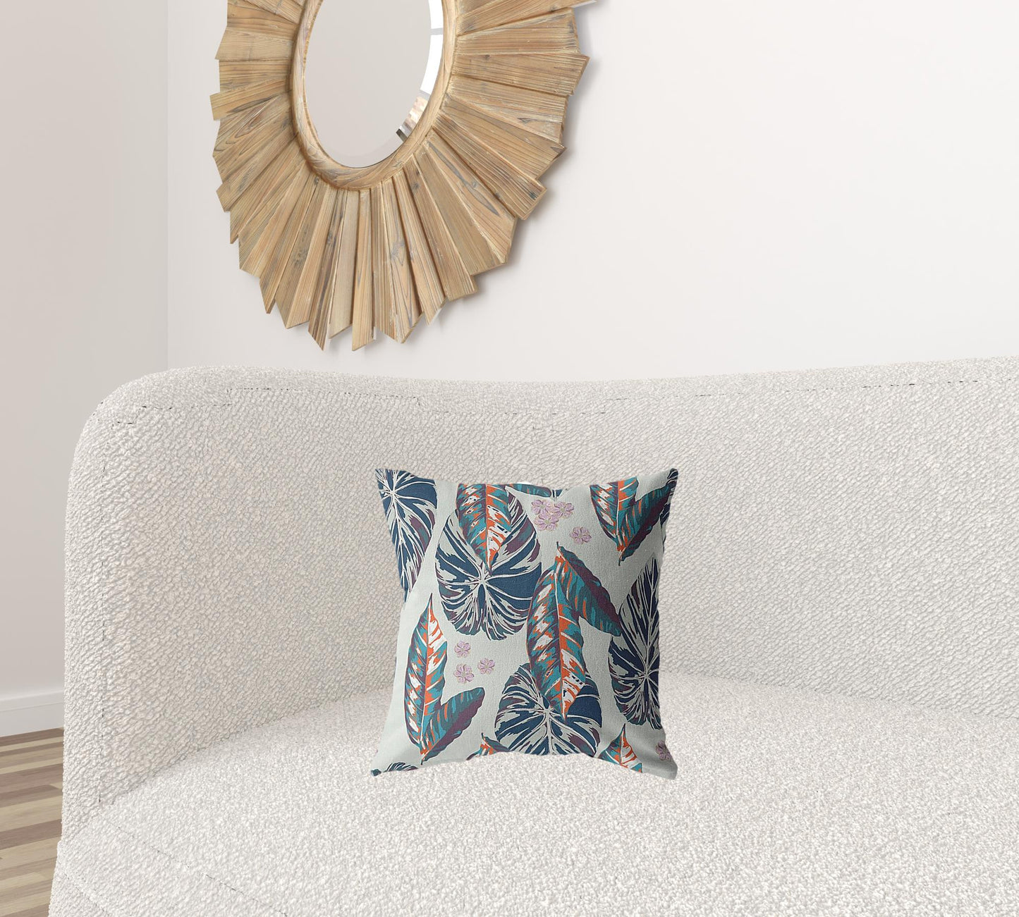 16” Blue Gray Tropical Leaf Zippered Suede Throw Pillow-1