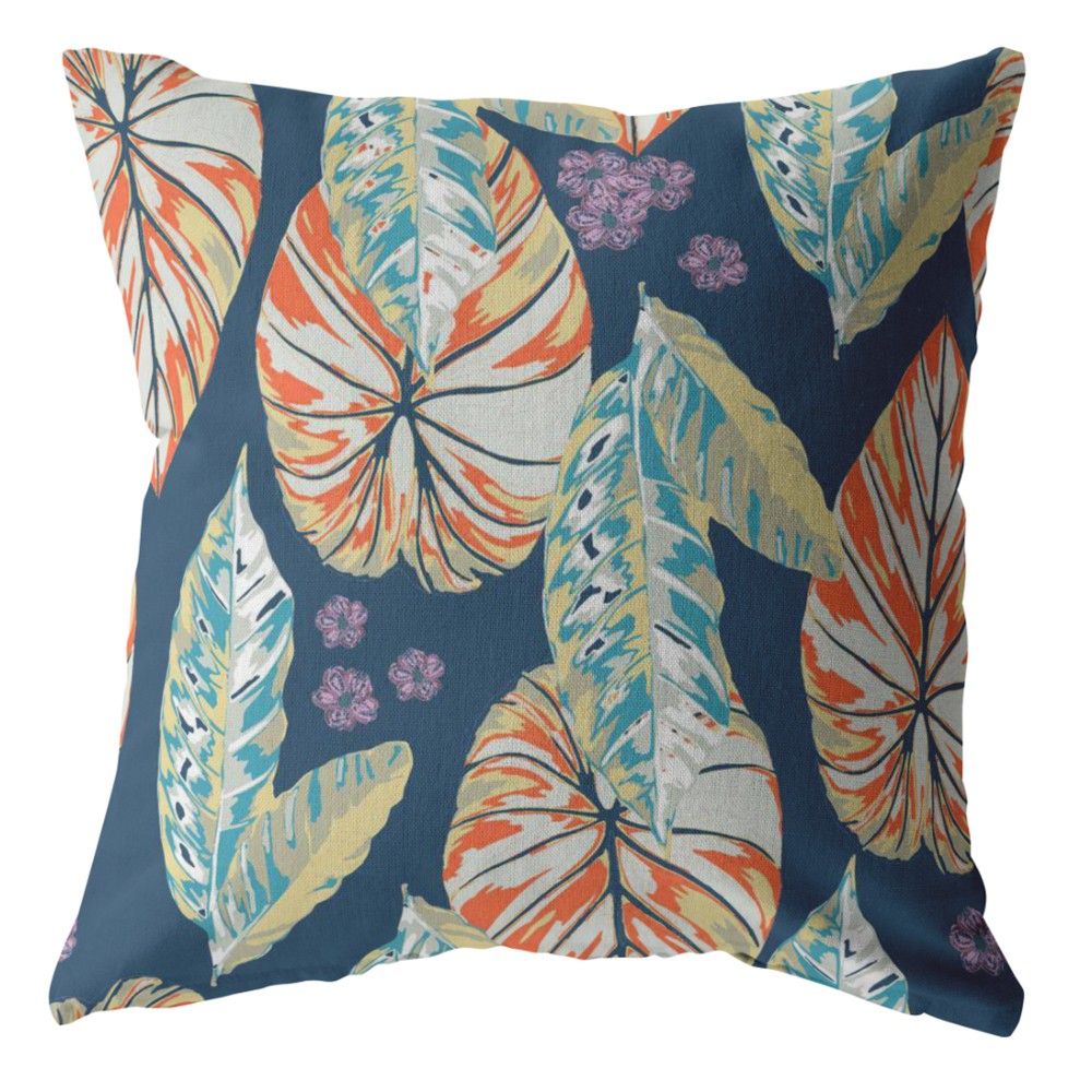 16” Orange Blue Tropical Leaf Zippered Suede Throw Pillow-2