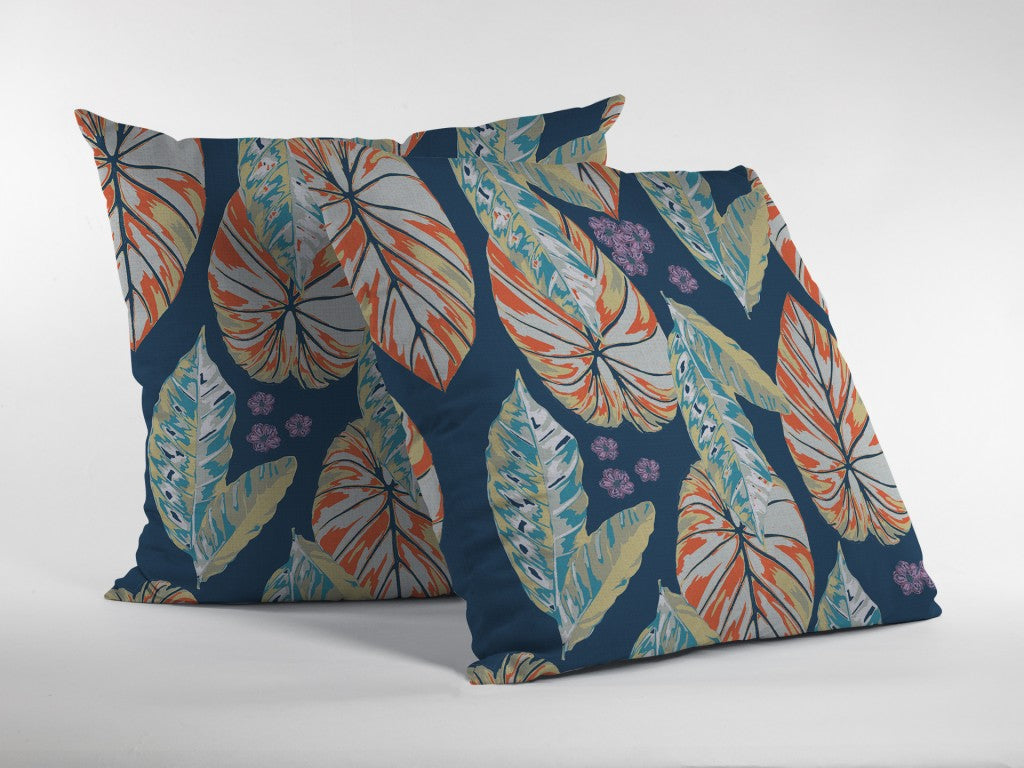 16” Orange Blue Tropical Leaf Zippered Suede Throw Pillow-3