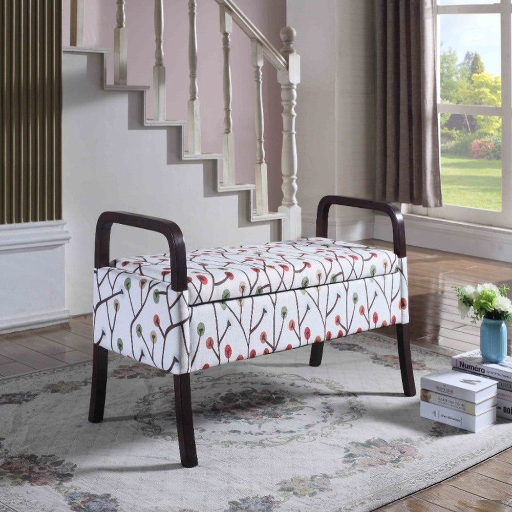 17" Dark Brown And Blue Upholstered 100% Polyester Floral Entryway Bench With Flip Top-6