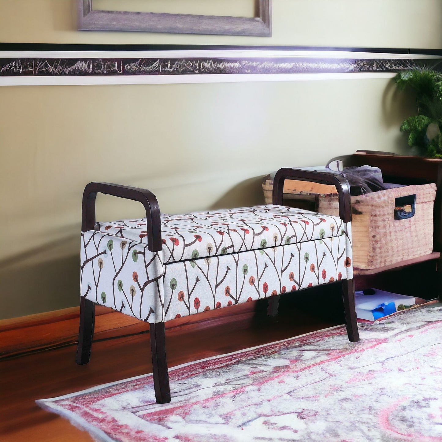 17" Dark Brown And Blue Upholstered 100% Polyester Floral Entryway Bench With Flip Top-1