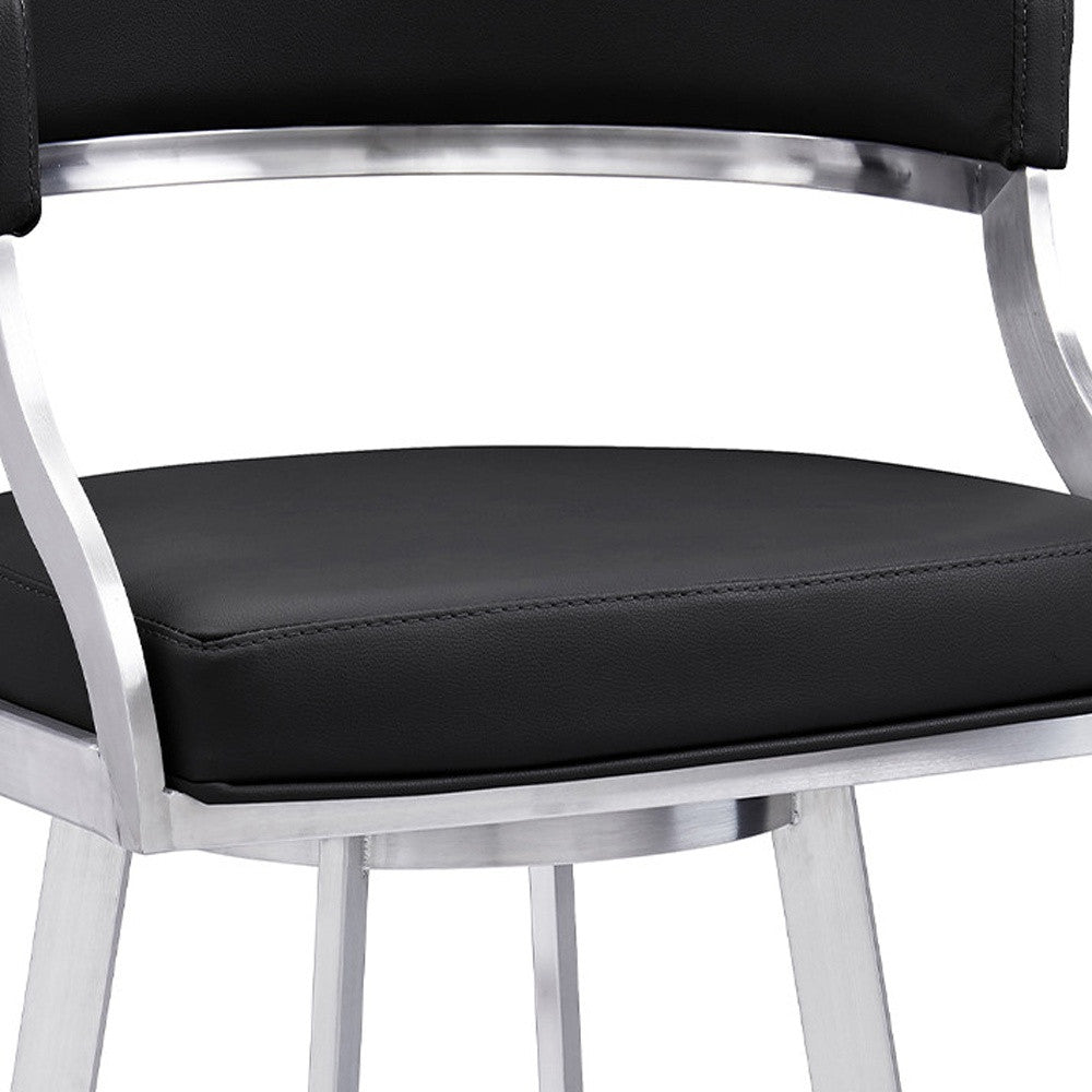 26" Black And Silver Faux Leather And Iron Swivel Low Back Counter Height Bar Chair-7