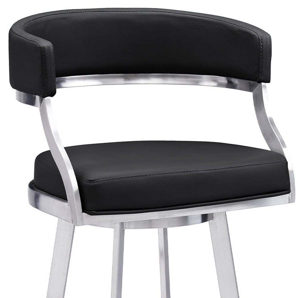 26" Black And Silver Faux Leather And Iron Swivel Low Back Counter Height Bar Chair-8