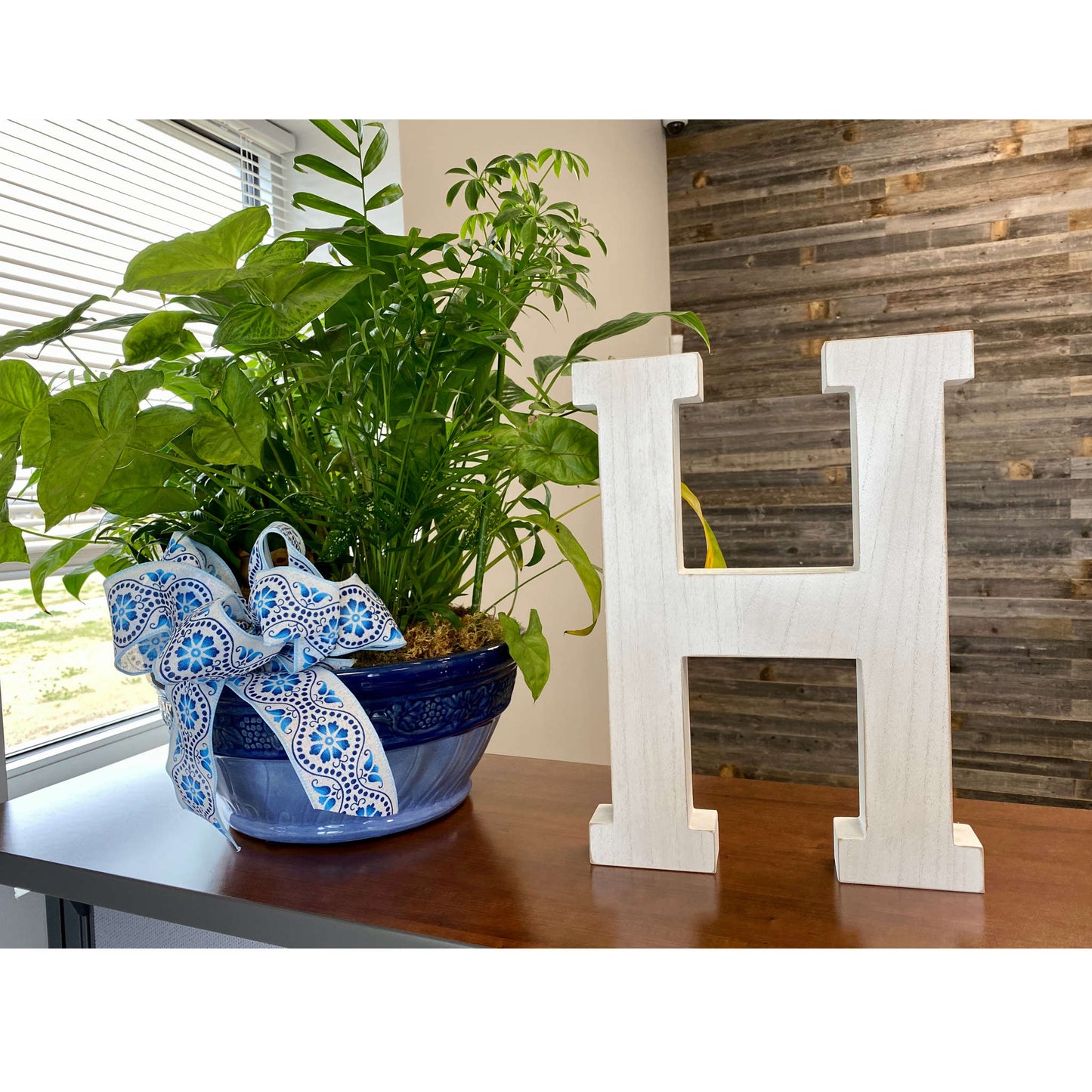 16" Distressed White Wash Wooden Initial Letter H Sculpture-4