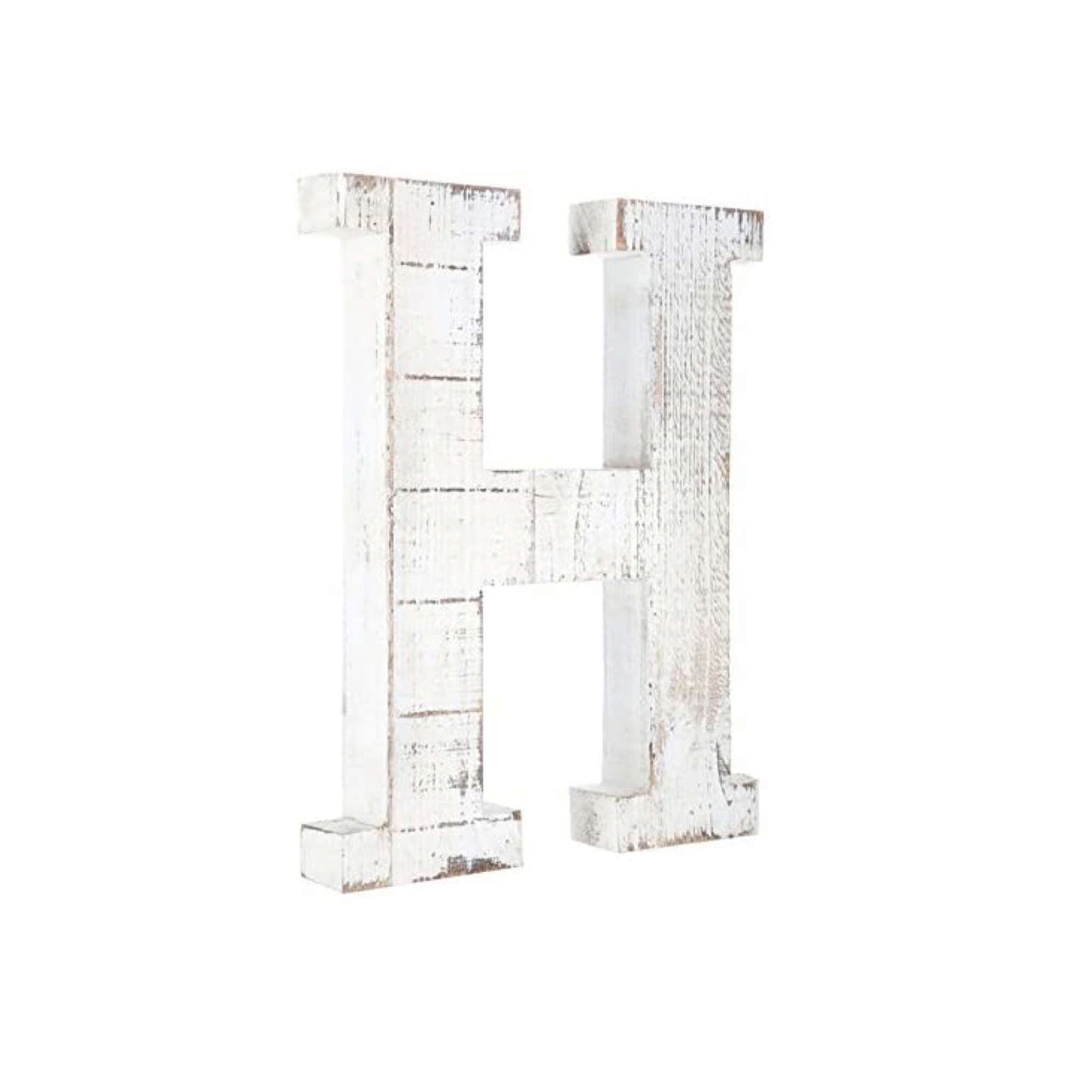 16" Distressed White Wash Wooden Initial Letter H Sculpture-0
