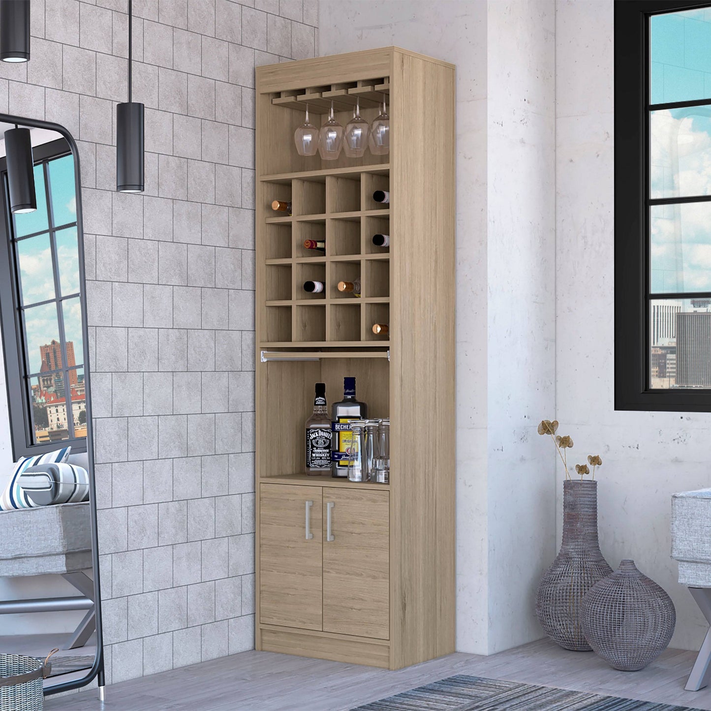 24" Natural Bar Cabinet With Eighteen Shelves-5