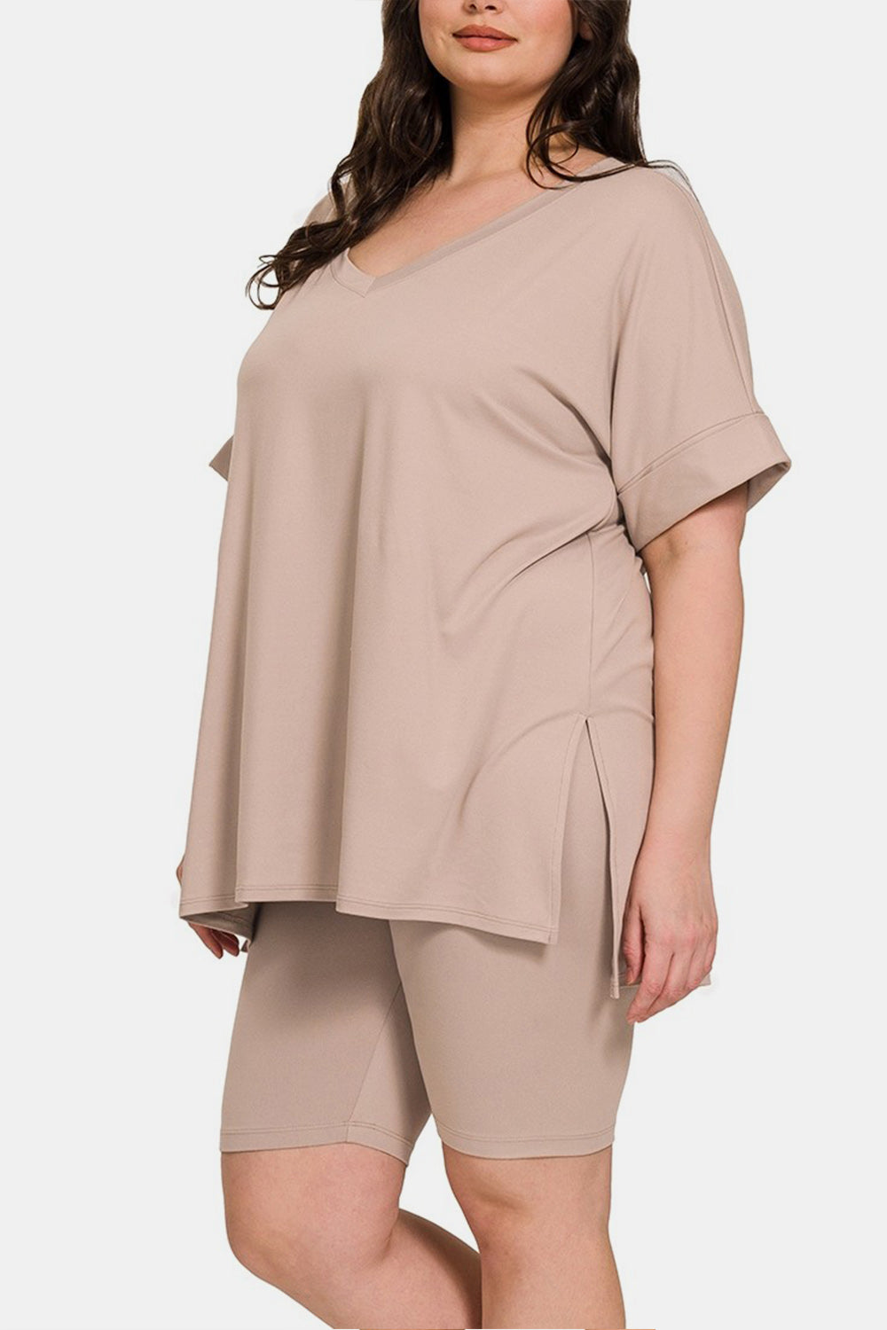 Zenana Full Size V-Neck Short Sleeve Slit T-Shirt and Shorts Set-1