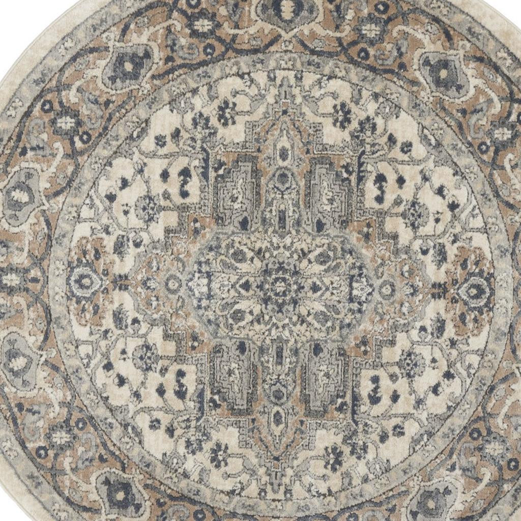 5' X 5' Ivory And Grey Round Oriental Non Skid Area Rug-2
