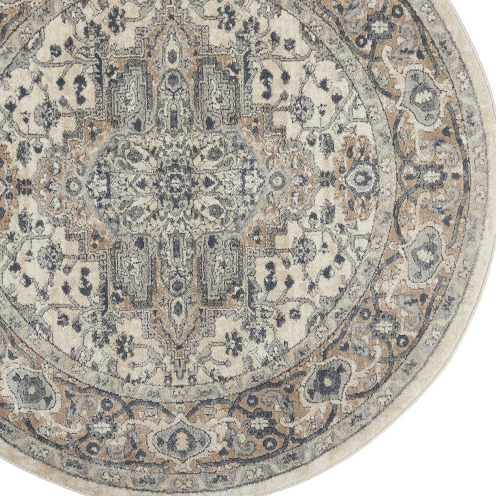 5' X 5' Ivory And Grey Round Oriental Non Skid Area Rug-6