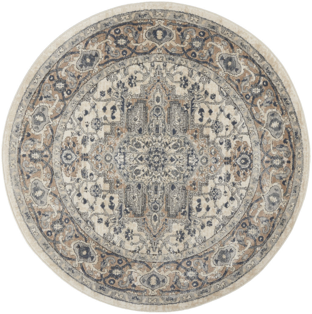 5' X 5' Ivory And Grey Round Oriental Non Skid Area Rug-0
