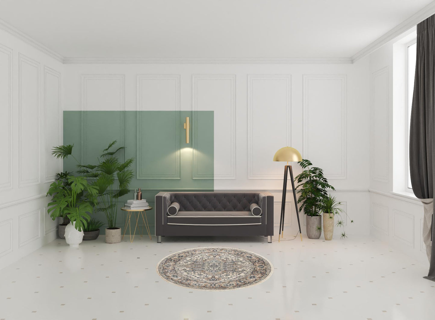 5' X 5' Ivory And Grey Round Oriental Non Skid Area Rug-1