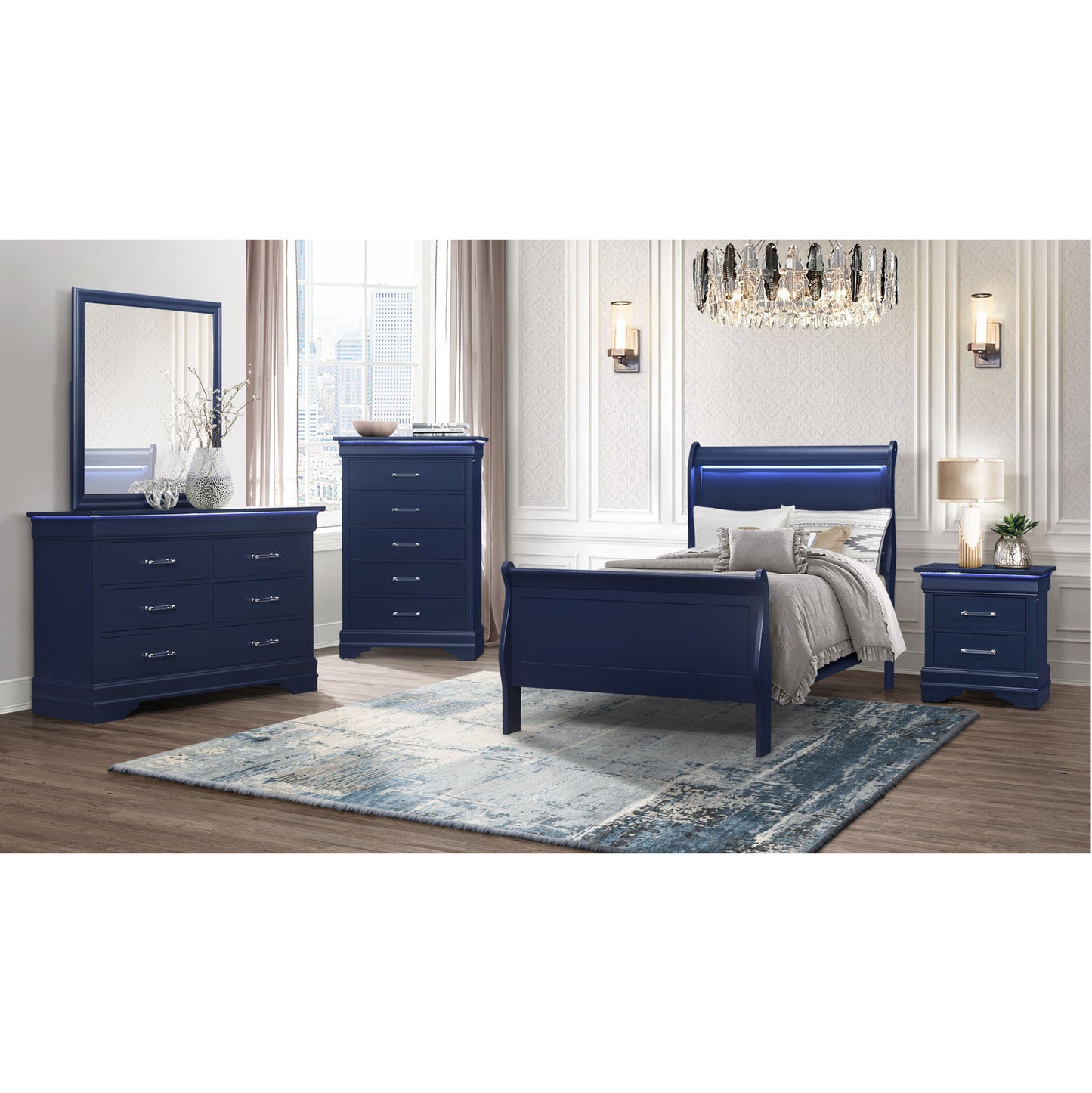 16" Blue Solid Wood Five Drawer Chest With LED Lighting-6