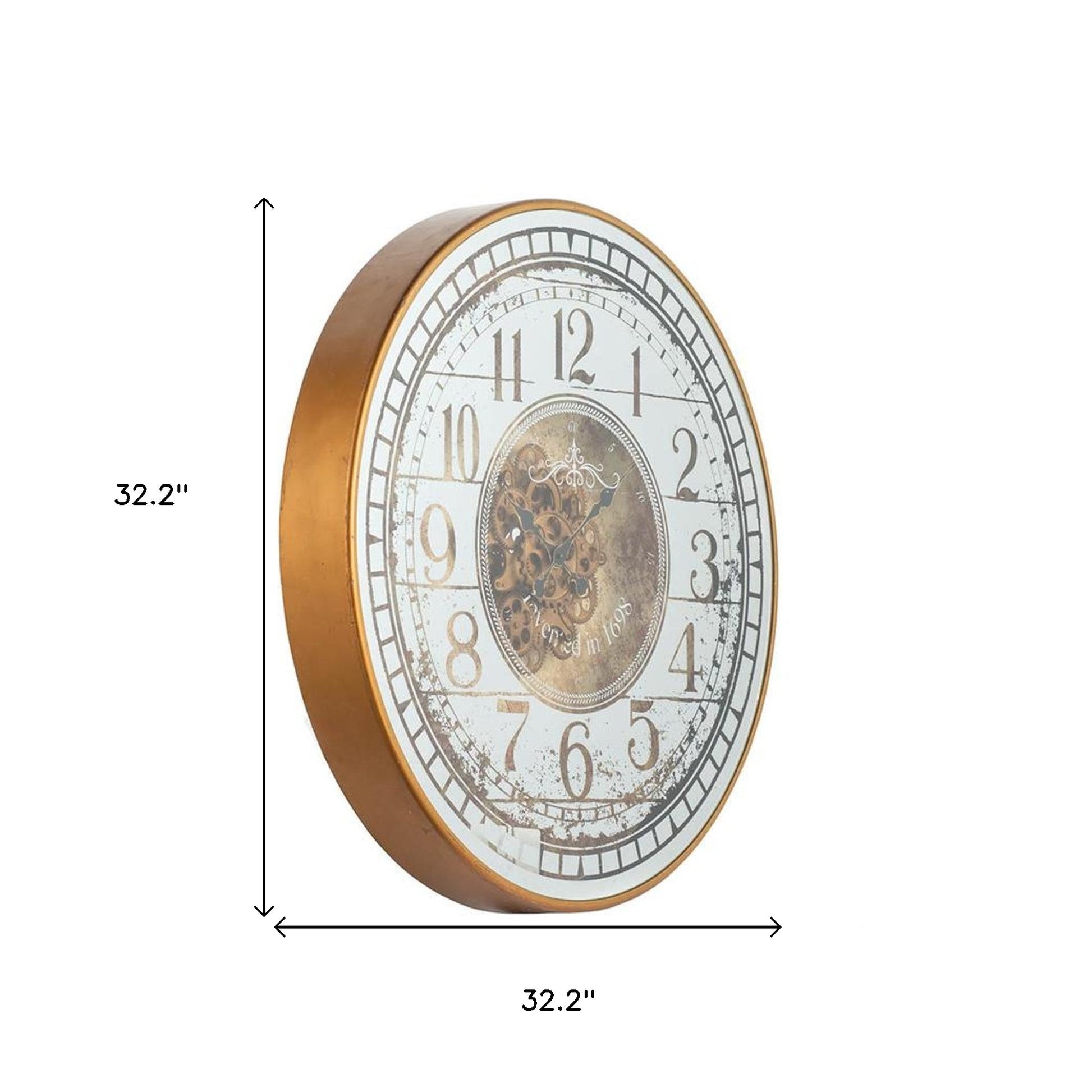 32" Circle Gold and Silver Metal and Mirror Analog Exposed Gear Wall Clock-6
