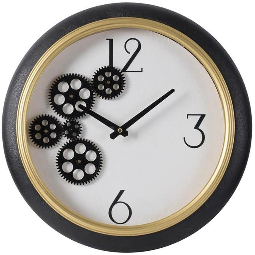 16" Black Gold And White Faux Leather And Iron Analog Exposed Gear Round Wall Clock-3