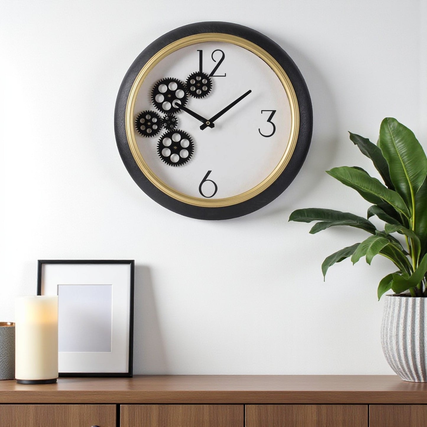 16" Black Gold And White Faux Leather And Iron Analog Exposed Gear Round Wall Clock-1