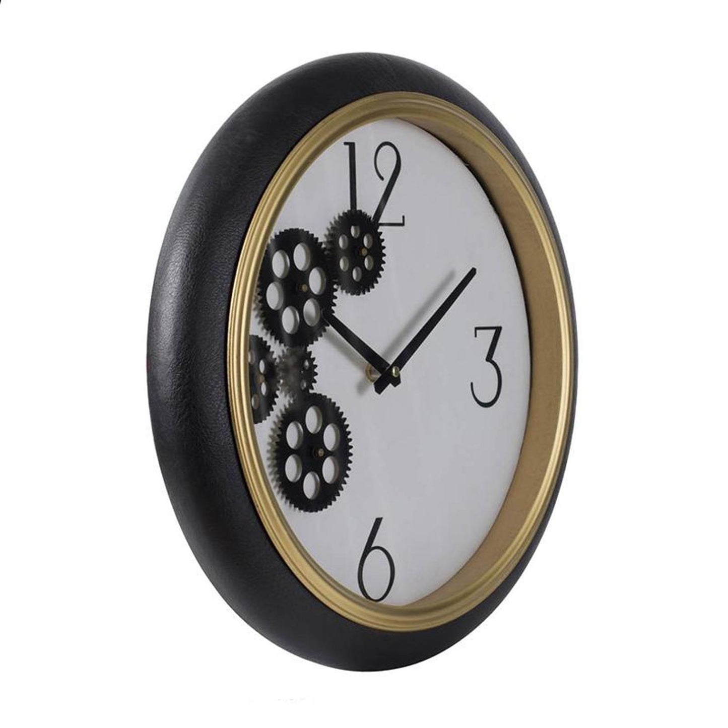 16" Black Gold And White Faux Leather And Iron Analog Exposed Gear Round Wall Clock-2