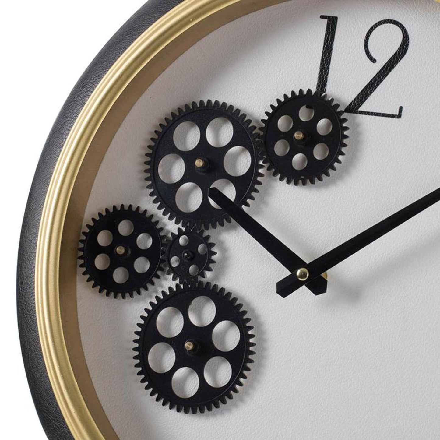 16" Black Gold And White Faux Leather And Iron Analog Exposed Gear Round Wall Clock-6