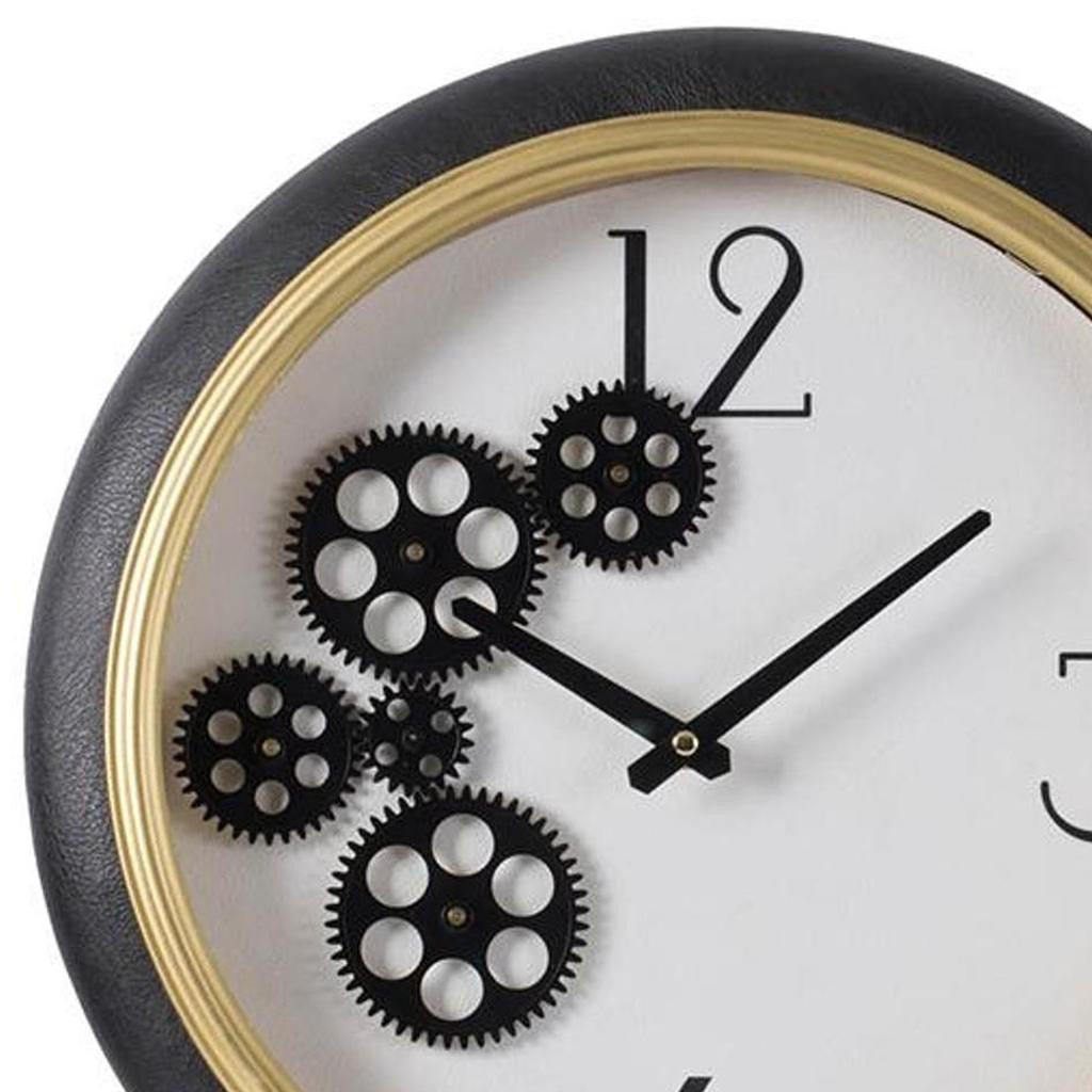 16" Black Gold And White Faux Leather And Iron Analog Exposed Gear Round Wall Clock-5