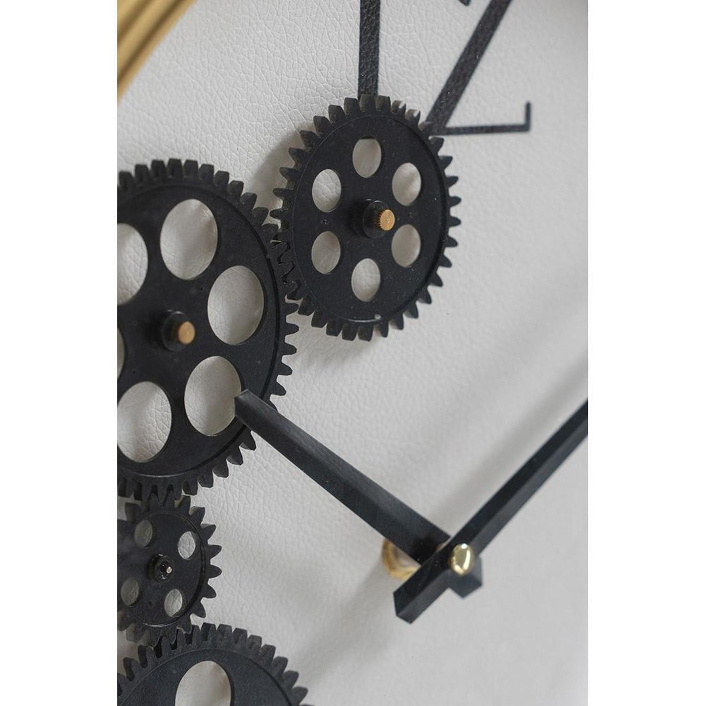 16" Black Gold And White Faux Leather And Iron Analog Exposed Gear Round Wall Clock-7