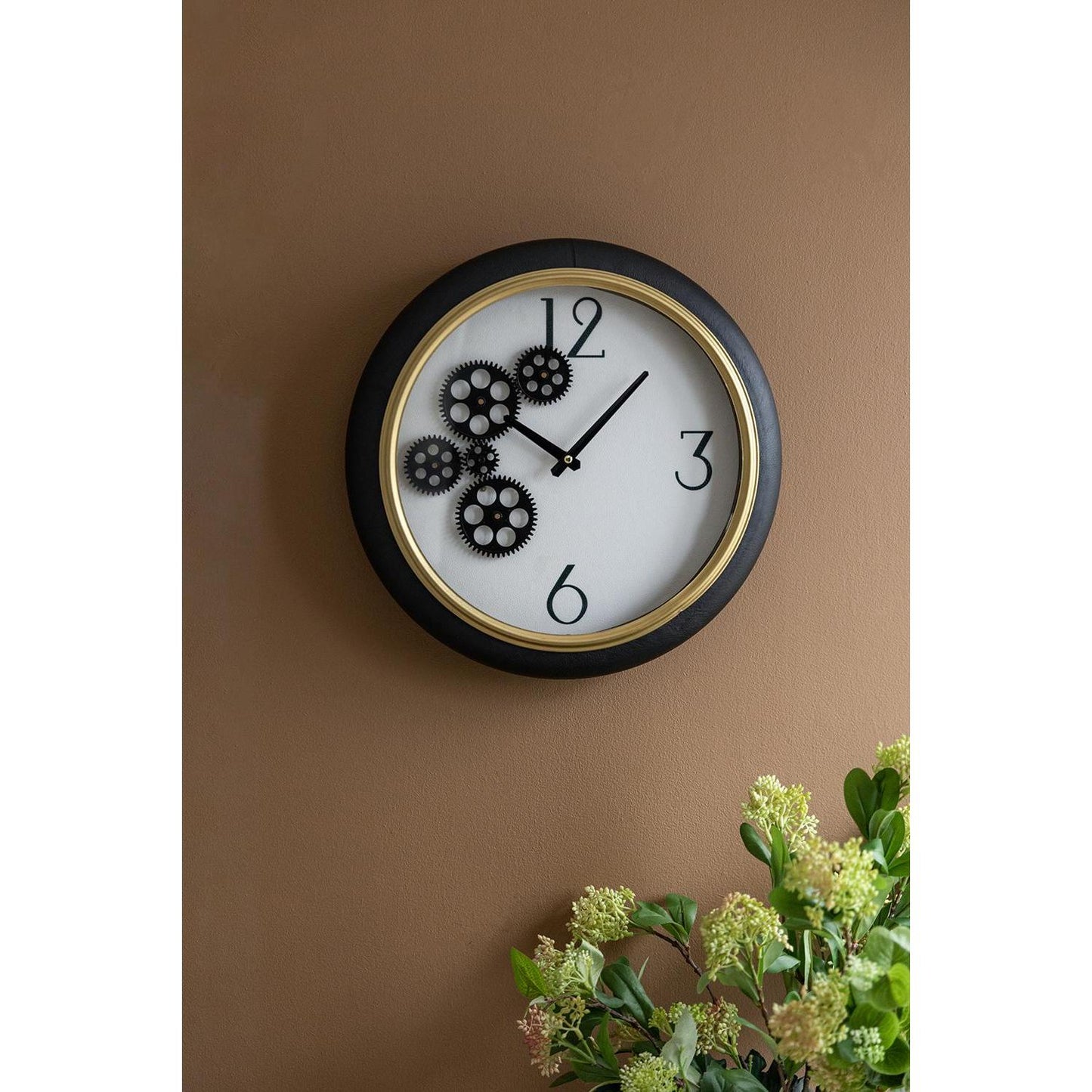16" Black Gold And White Faux Leather And Iron Analog Exposed Gear Round Wall Clock-8