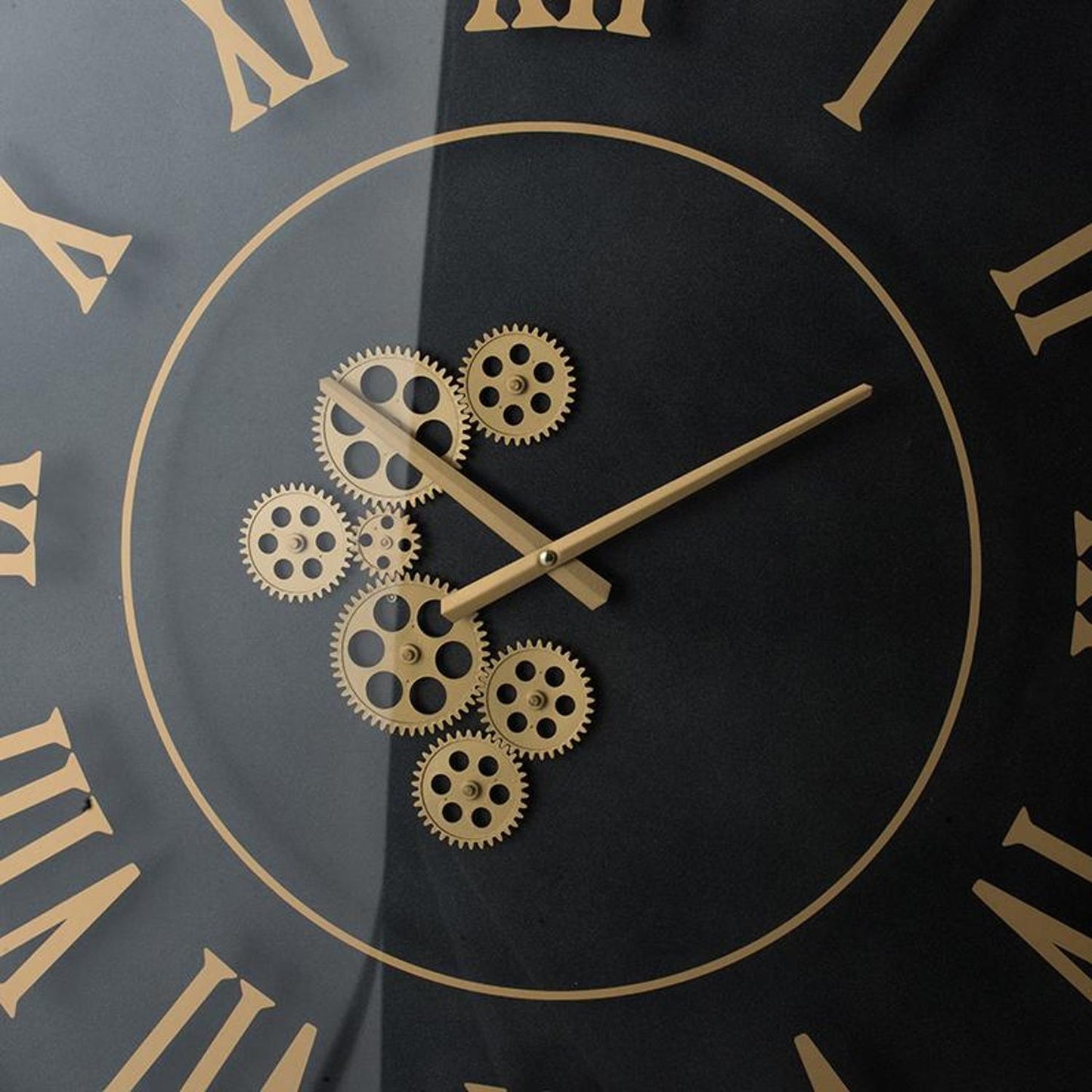 35" Black And Gold Glass And Metal Exposed Gear Square Wall Clock-4