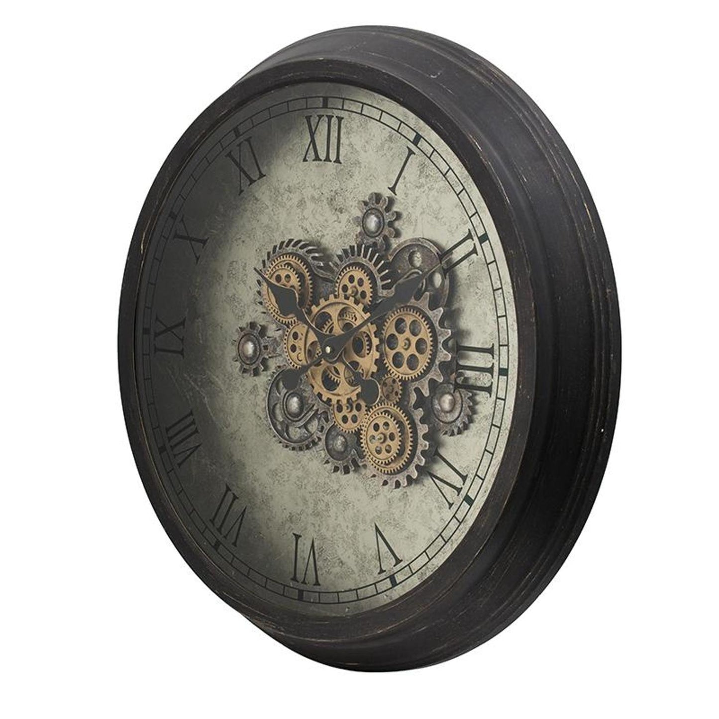 28" Circle Black and Gray Wood and Glass Analog Exposed Gear Wall Clock-2