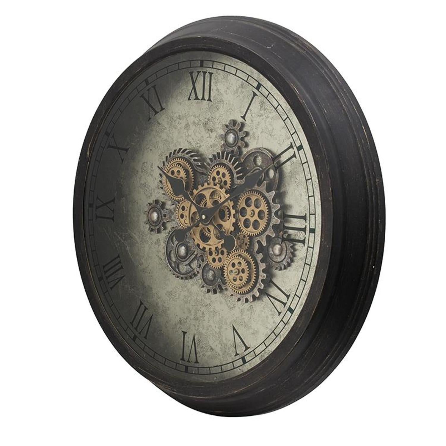 28" Circle Black and Gray Wood and Glass Analog Exposed Gear Wall Clock-2