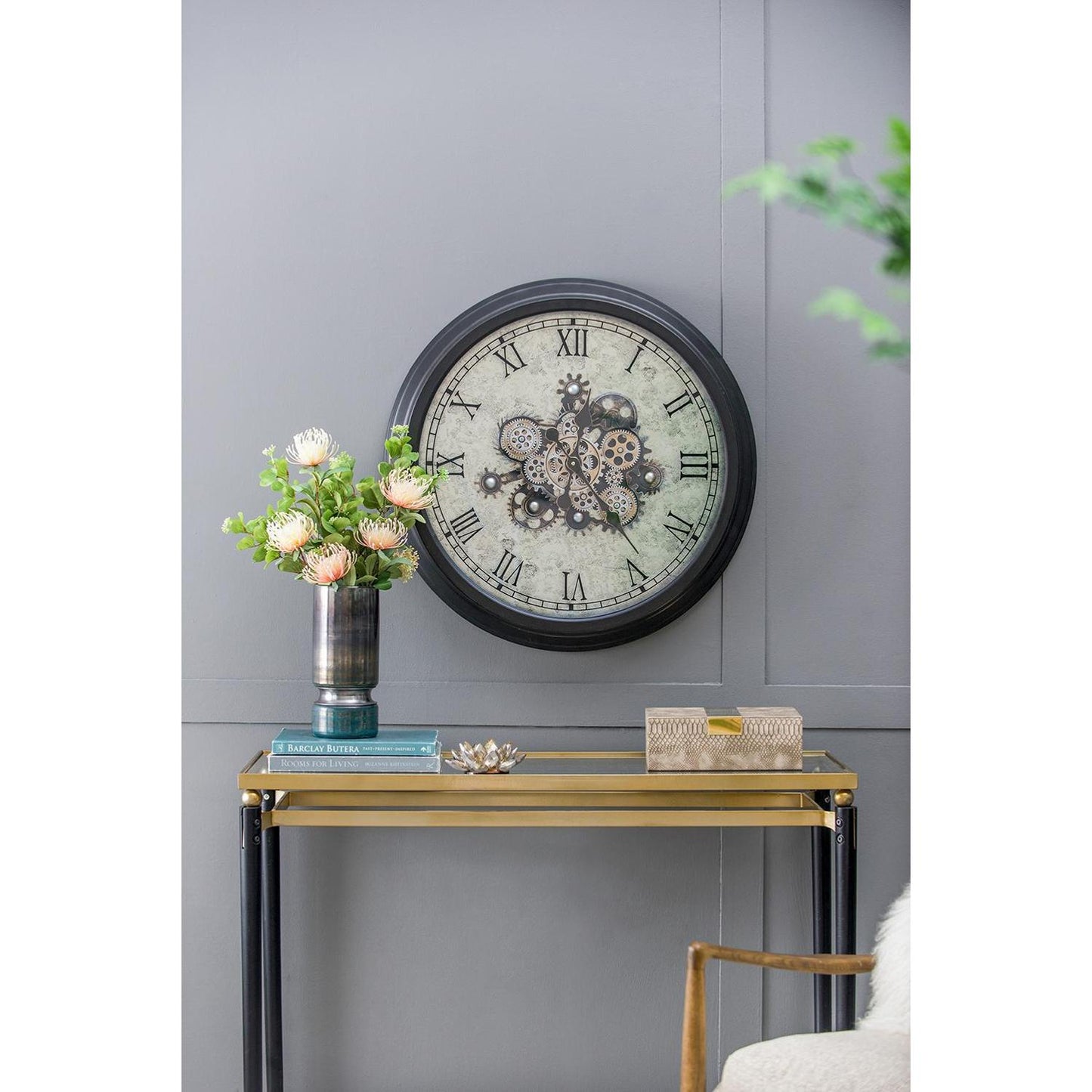 28" Circle Black and Gray Wood and Glass Analog Exposed Gear Wall Clock-7