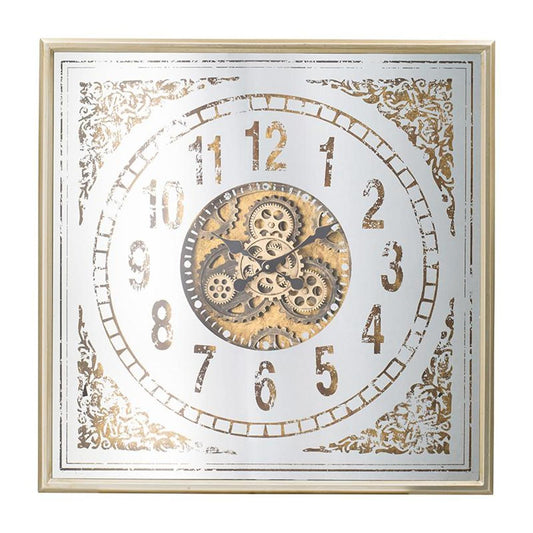 32" Square Gold and Silver Wood and Mirror Analog Exposed Gear Wall Clock-0