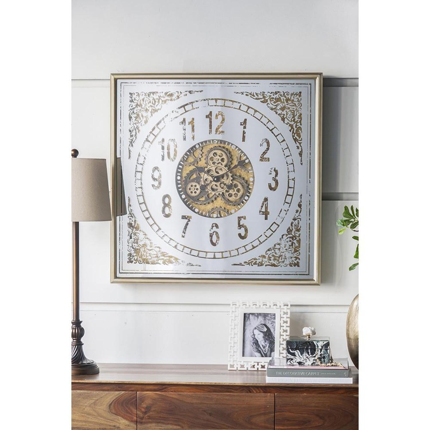 32" Square Gold and Silver Wood and Mirror Analog Exposed Gear Wall Clock-4