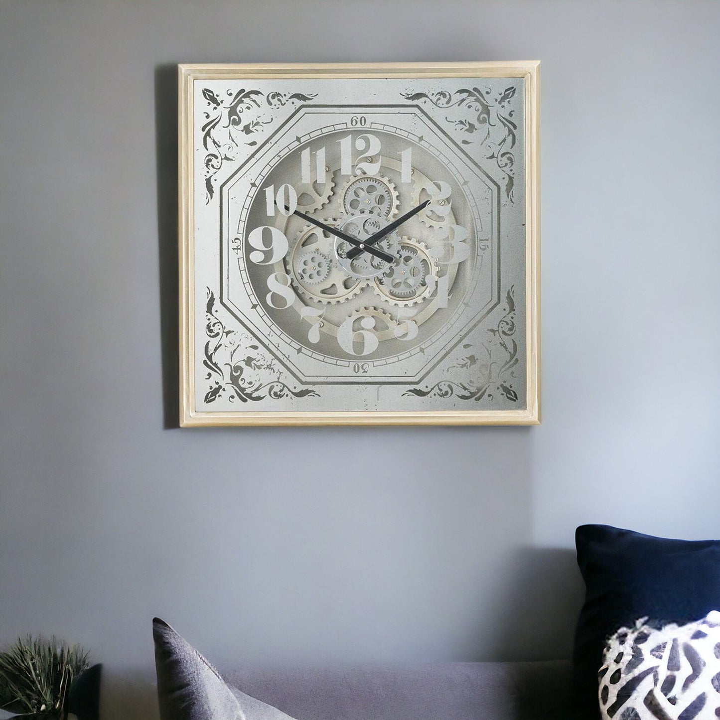 24" Square Gold and Silver Wood and Mirror Exposed Gear Wall Clock-1