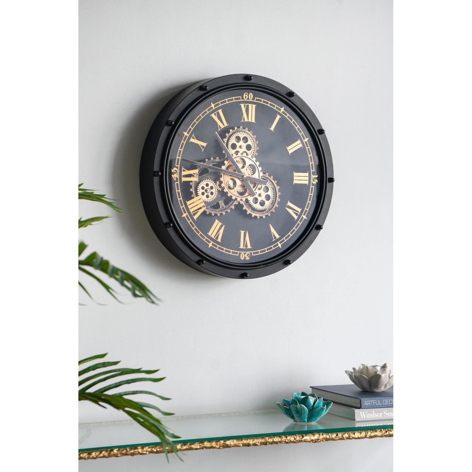 20" Circle Black and Gold Metal and Glass Analog Wall Clock-2