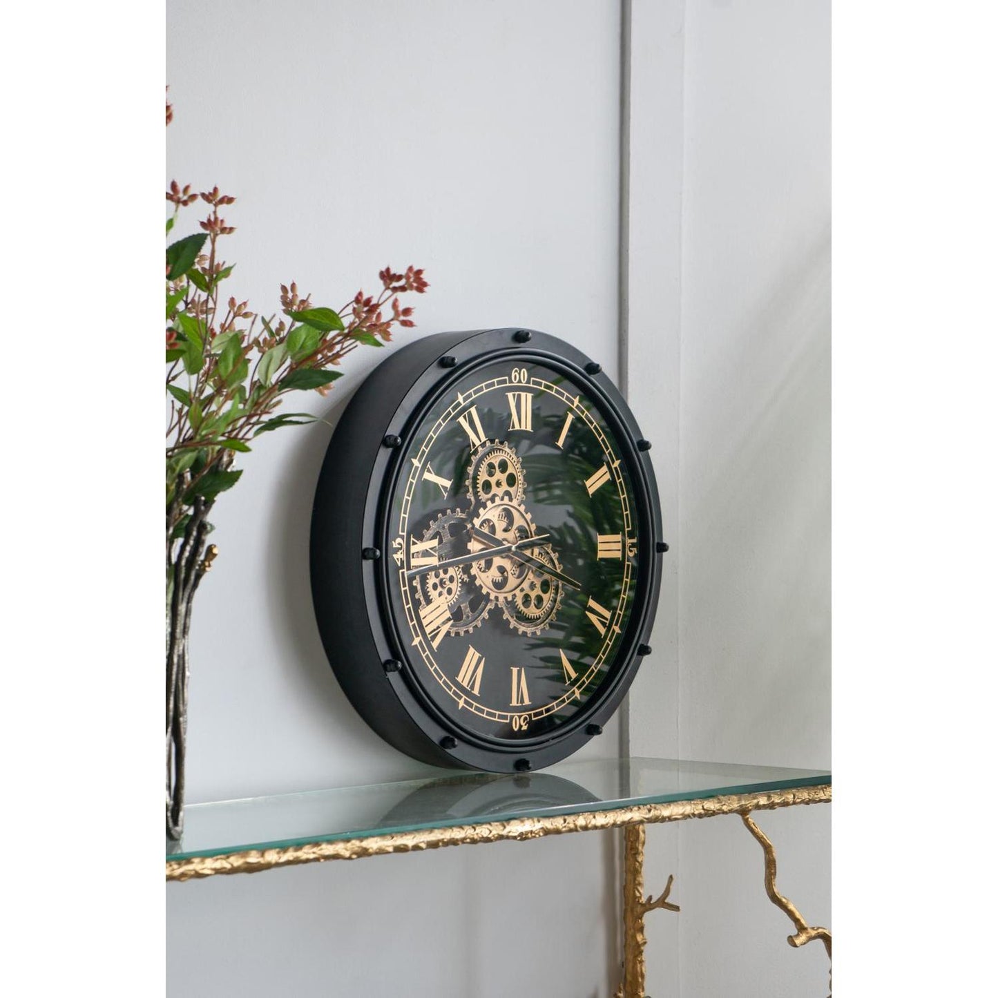 20" Circle Black and Gold Metal and Glass Analog Wall Clock-8