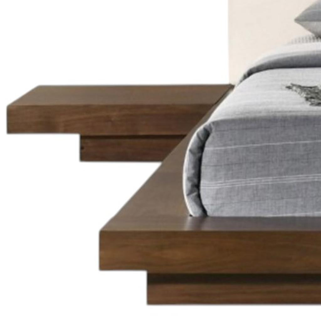 Walnut and White Wood And Faux Leather King Bed Frame With Attached Nightstands-4