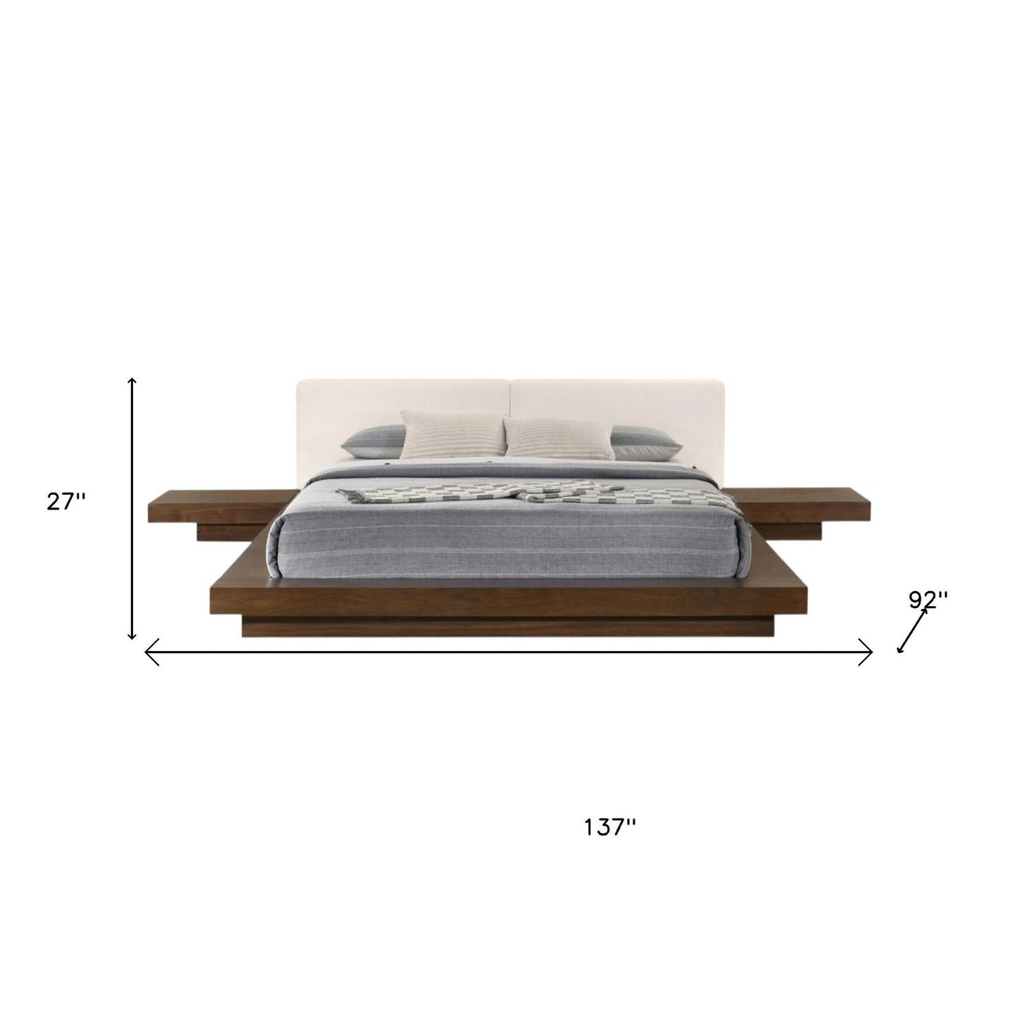 Walnut and White Wood And Faux Leather King Bed Frame With Attached Nightstands-5