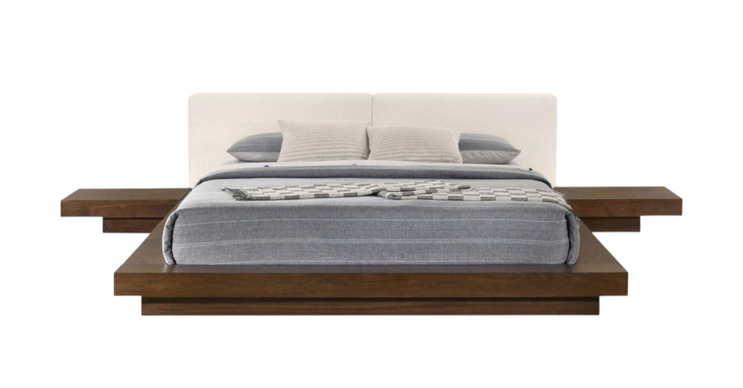 Walnut and White Wood And Faux Leather King Bed Frame With Attached Nightstands-1