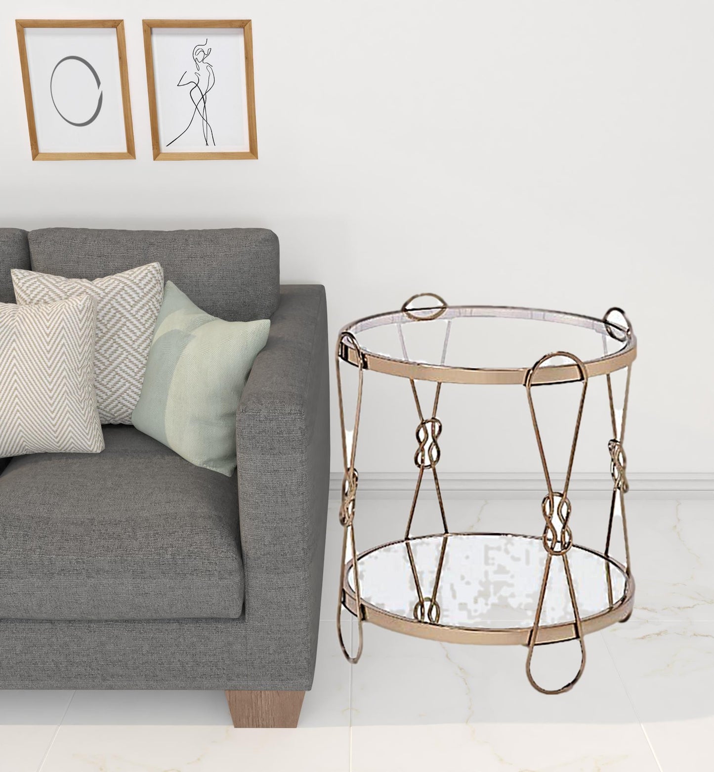23" Gold Mirrored And Metal Round End Table With Shelf-1