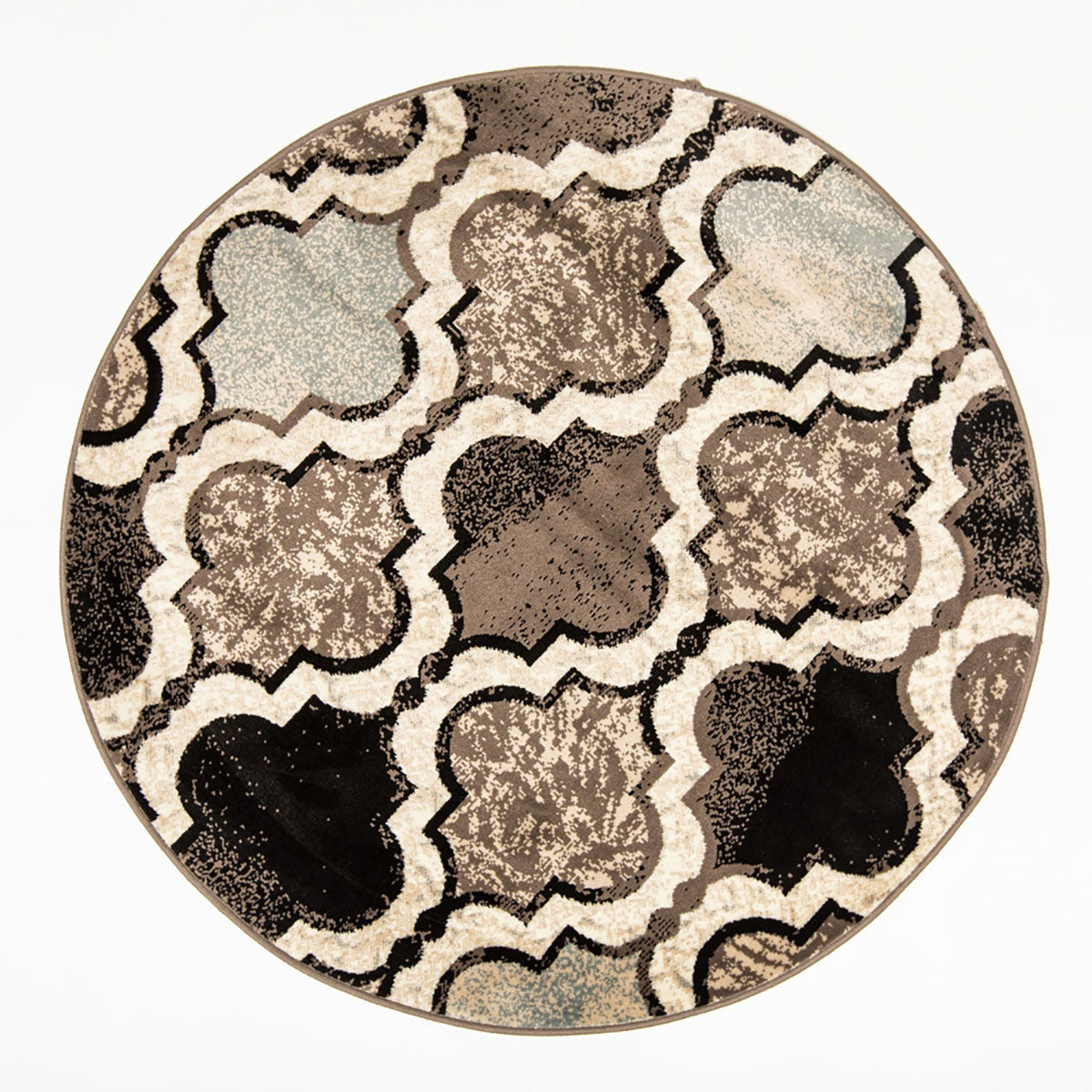 5' Ivory Brown And Black Quatrefoil Distressed Round Rug-1
