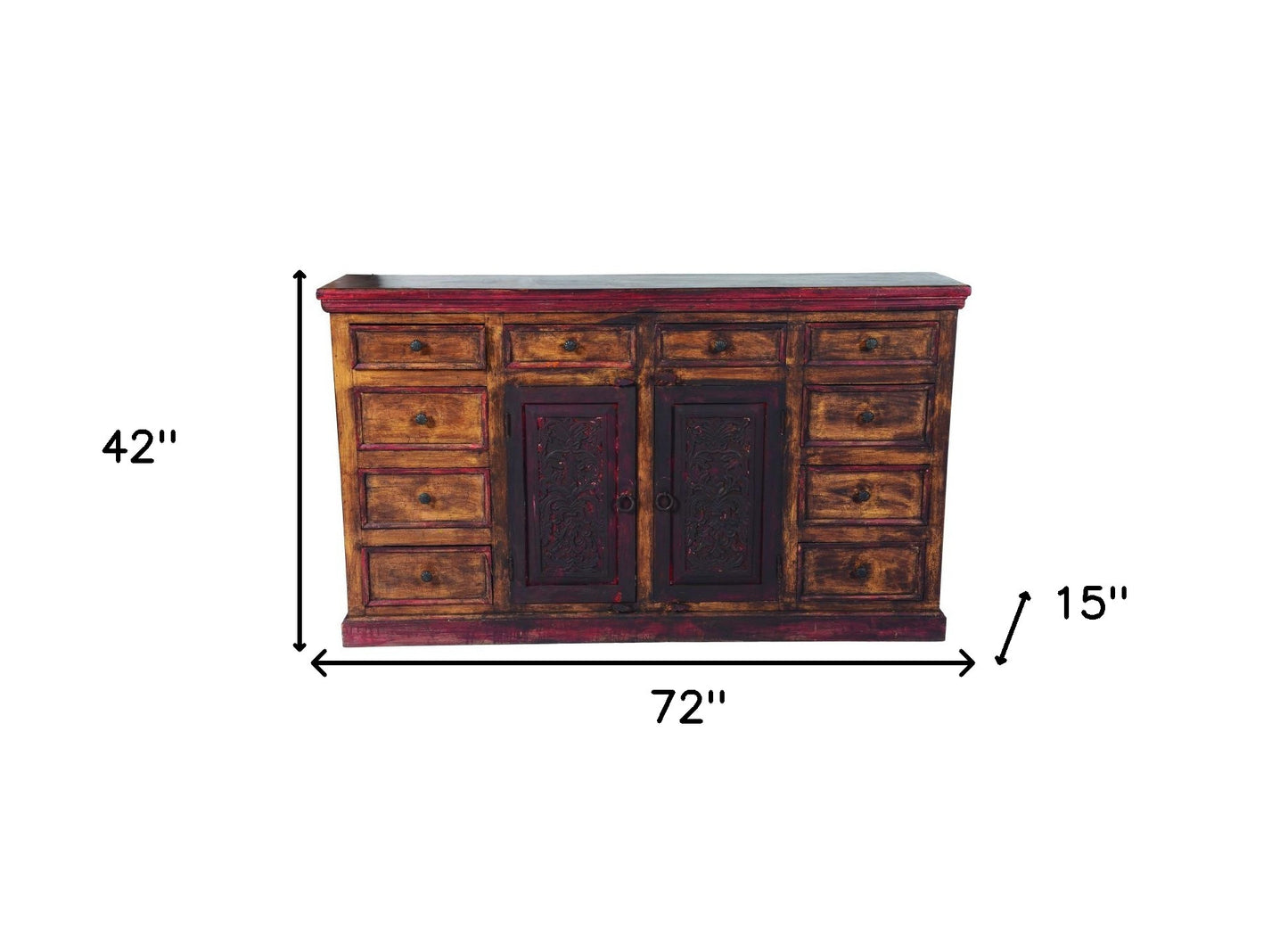 72" Brown And Red Distressed Solid Wood Carved Scrollwork Ten Drawer Buffet Table with Two Doors-5