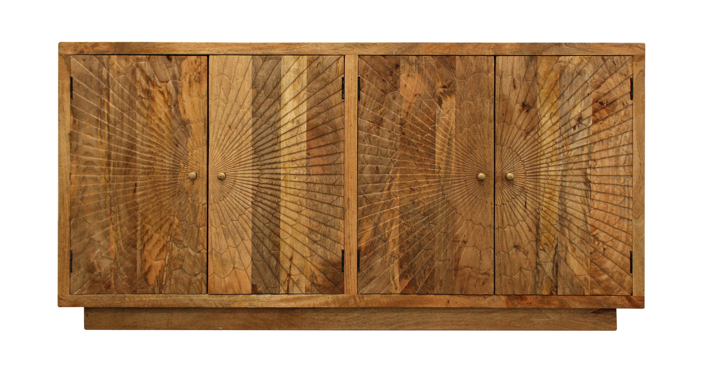 72" Natural Distressed Solid Wood Carved Geometric Sideboard with Four Doors-1