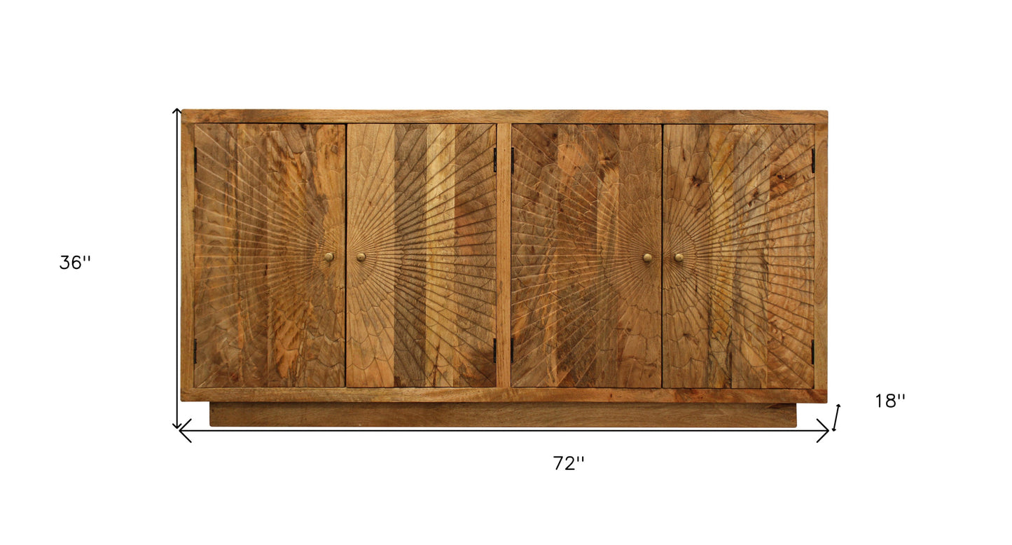 72" Natural Distressed Solid Wood Carved Geometric Sideboard with Four Doors-5