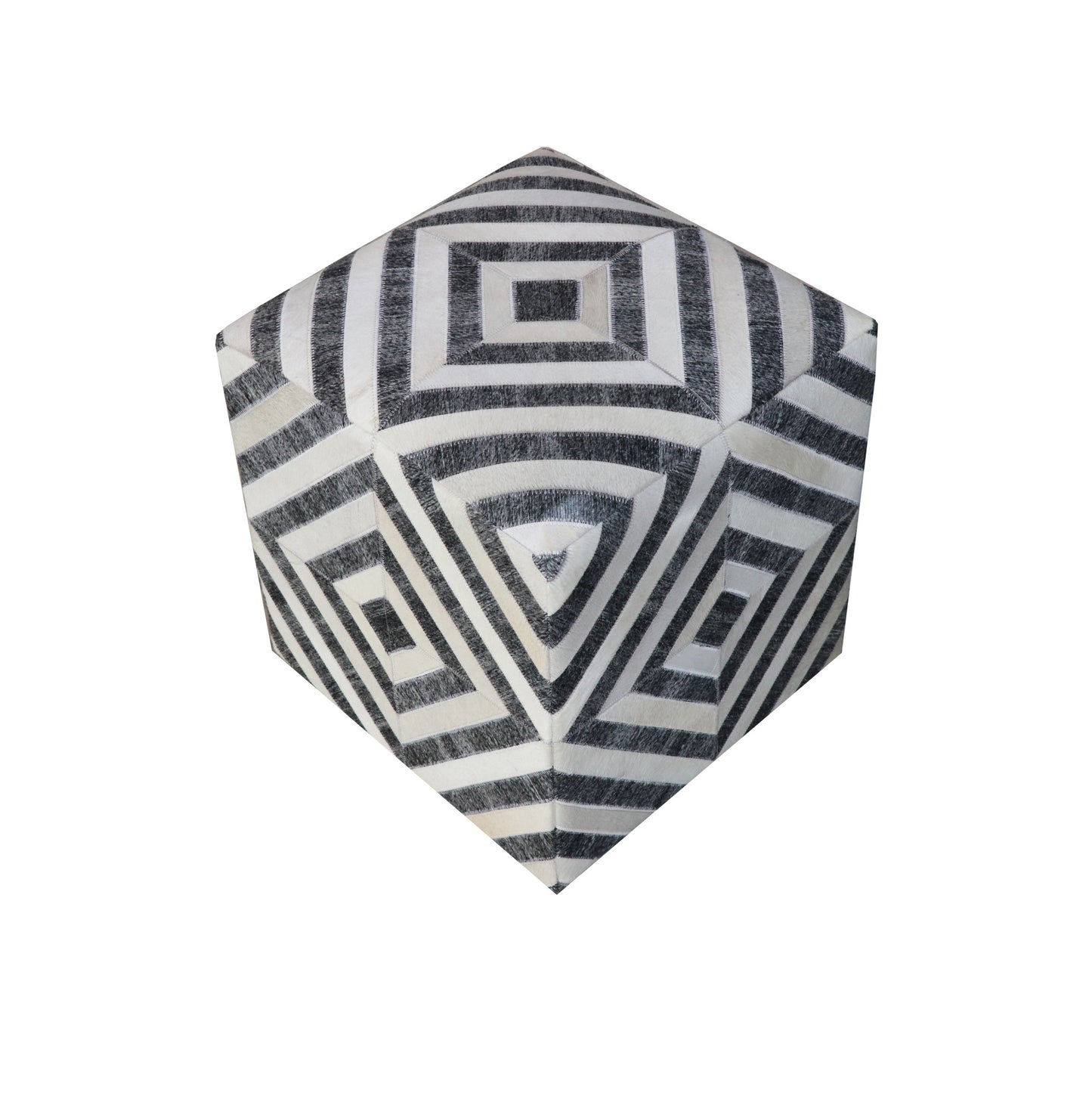 18" Dark Gray and Ivory Hair on Hide Cube Geometric Pouf Ottoman-1