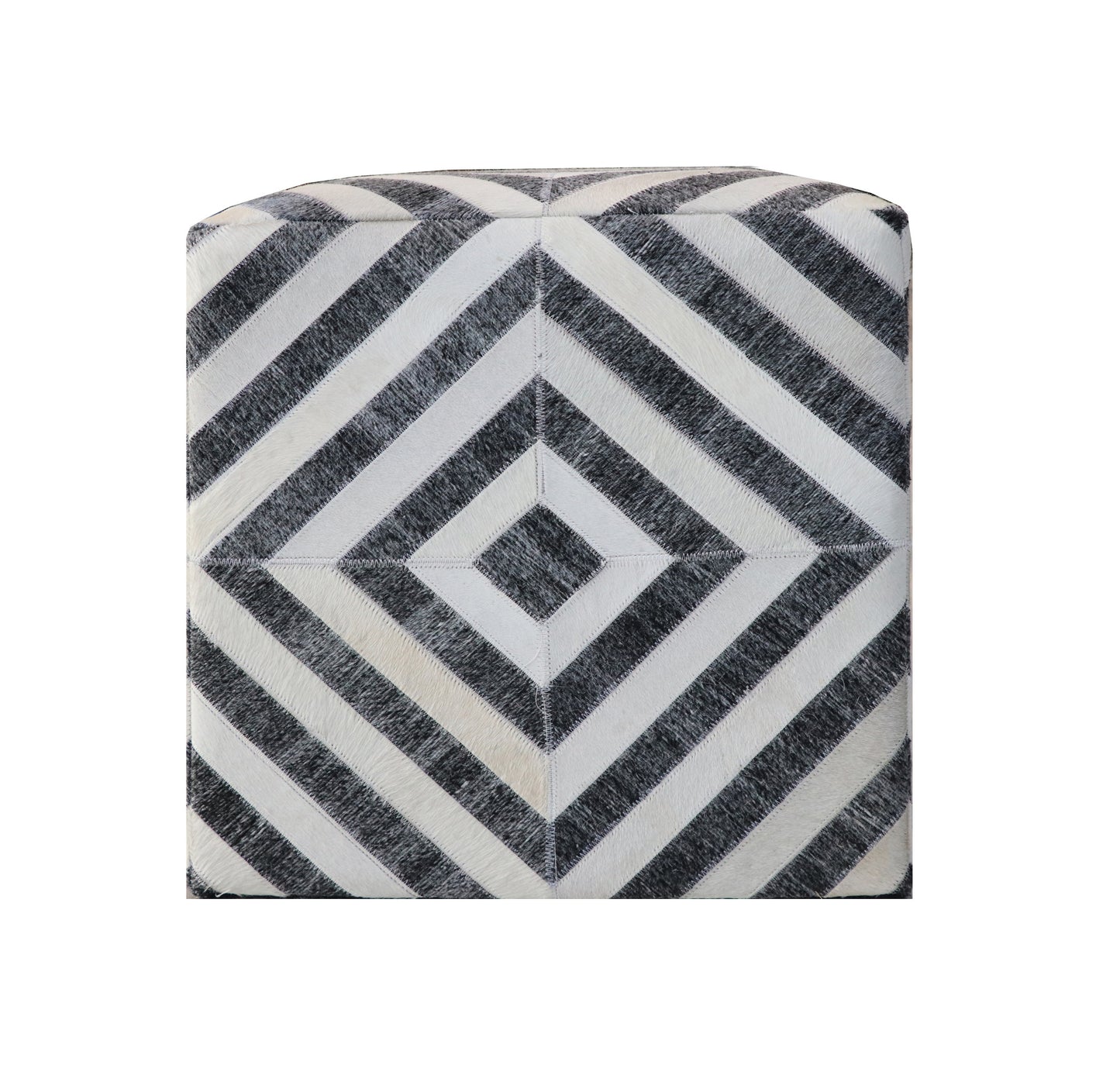 18" Dark Gray and Ivory Hair on Hide Cube Geometric Pouf Ottoman-2