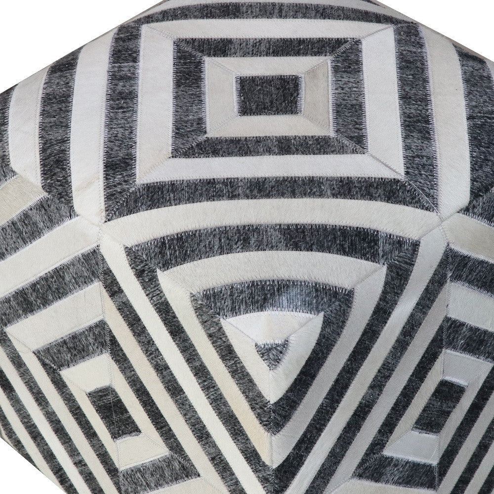 18" Dark Gray and Ivory Hair on Hide Cube Geometric Pouf Ottoman-4