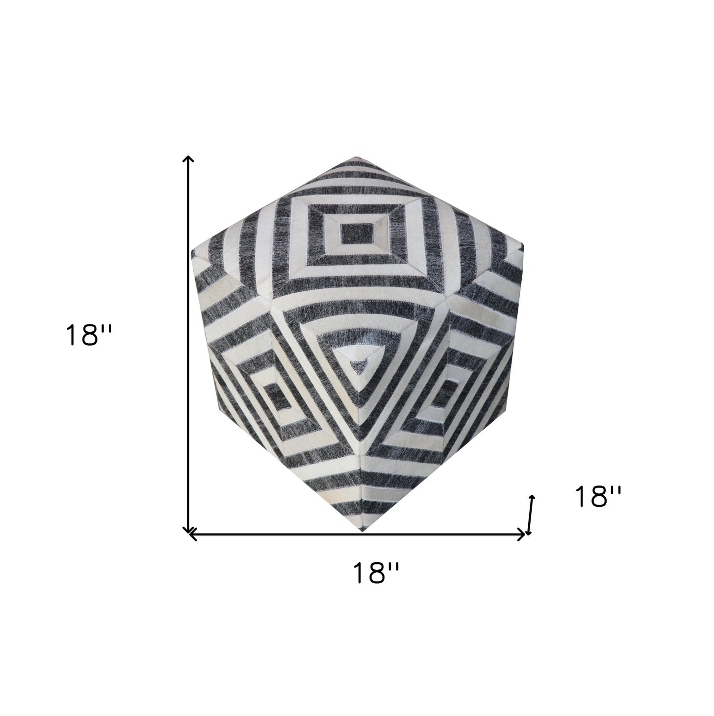 18" Dark Gray and Ivory Hair on Hide Cube Geometric Pouf Ottoman-5
