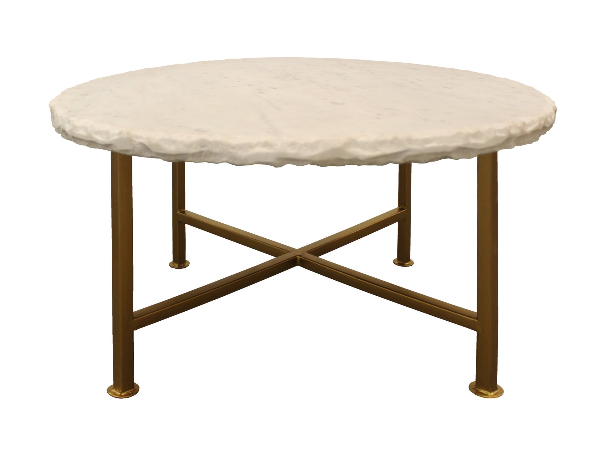 30" Ivory and Brass Genuine Marble and Iron Round Frame Coffee Table-2