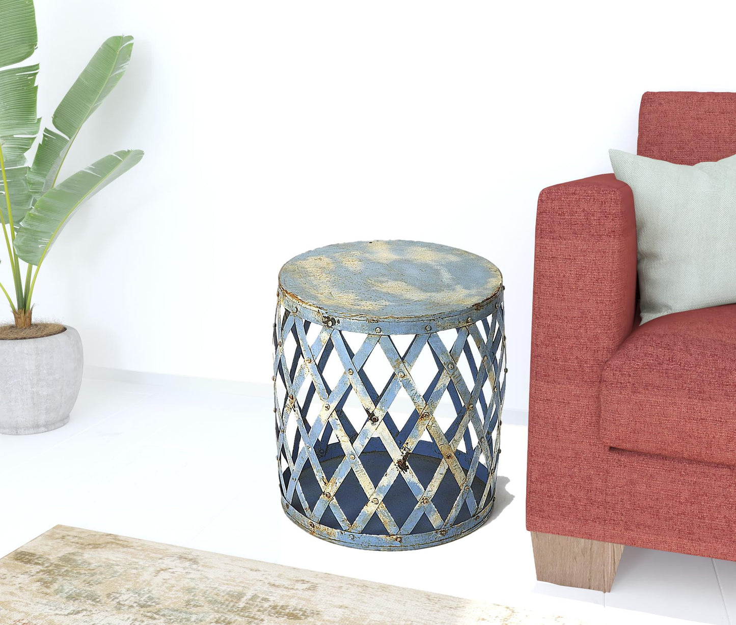 17" Rustic Blue Iron Lattice Round Top End Table-1