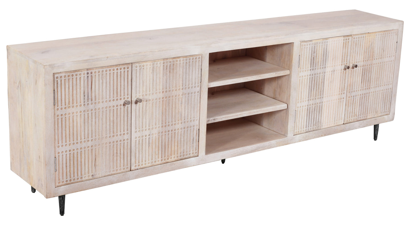 92" Ivory Carved Geometric Distressed Solid Wood Enclosed and Open Storage TV Stand-3