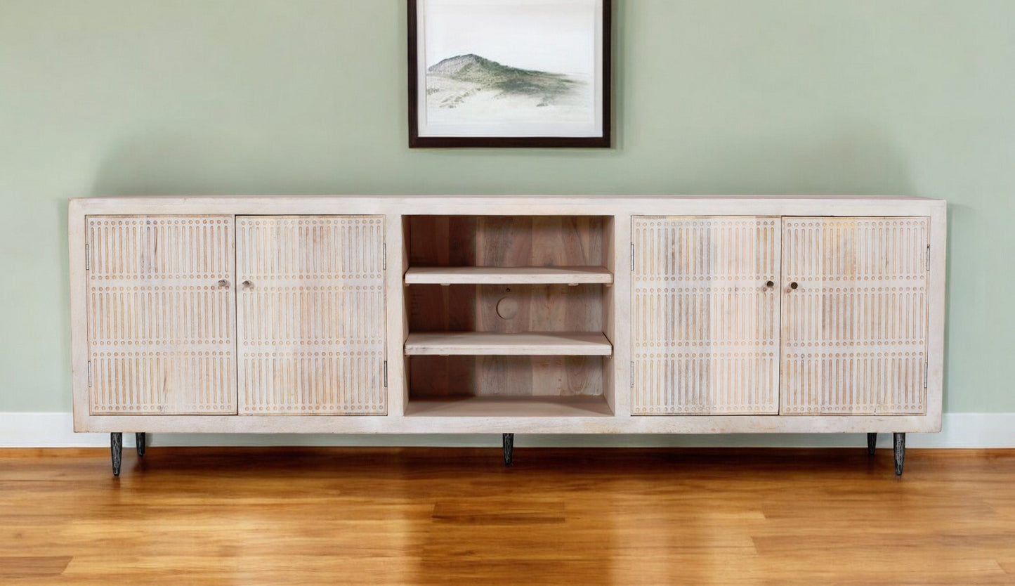 92" Ivory Carved Geometric Distressed Solid Wood Enclosed and Open Storage TV Stand-1