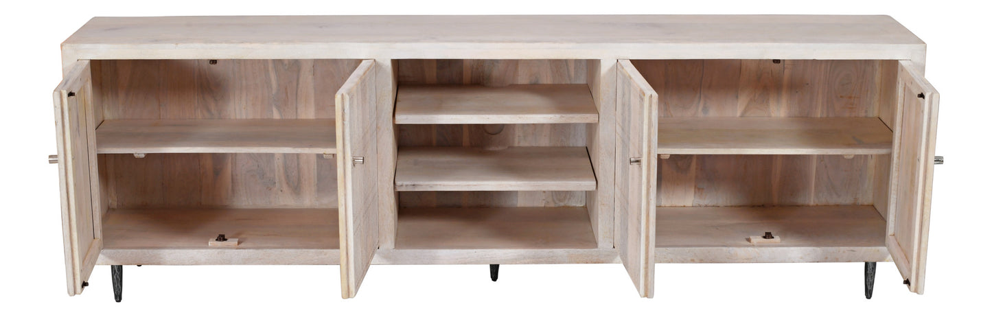 92" Ivory Carved Geometric Distressed Solid Wood Enclosed and Open Storage TV Stand-4